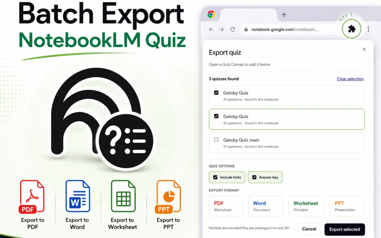NotebookLM batch quiz exporter with several quizzes selected