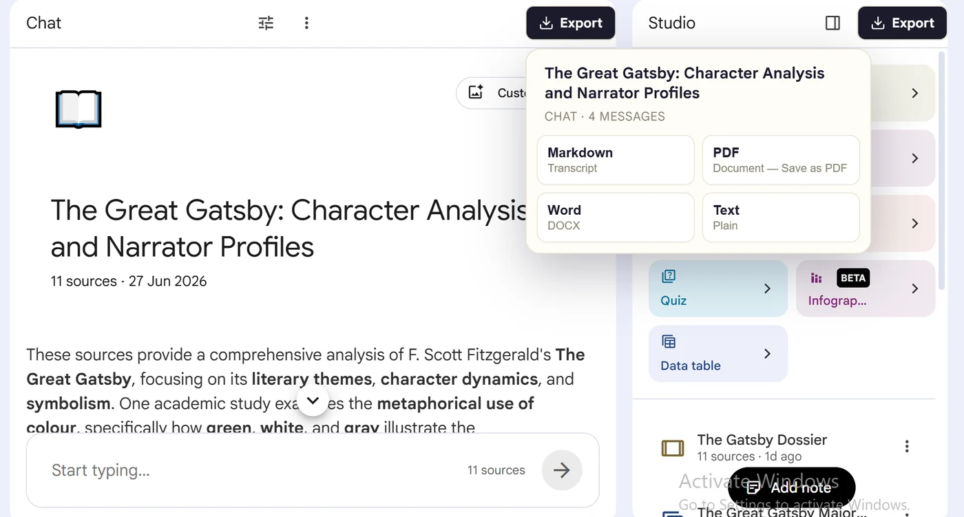 NotebookLM chat exporter showing Markdown, PDF, Word and plain text options