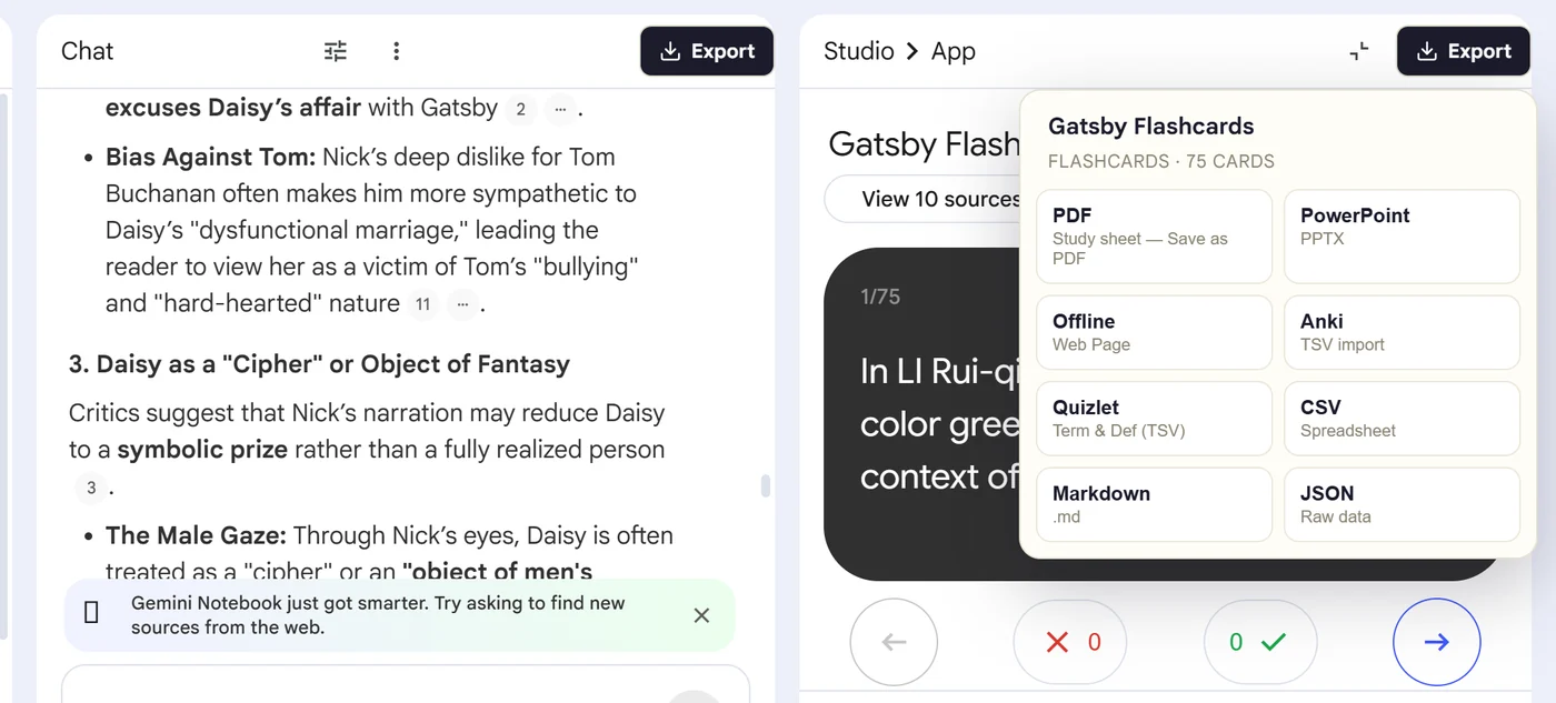 Super NotebookLM Exporter menu for exporting flashcards to PDF, PowerPoint, Anki, Quizlet, CSV, Markdown or JSON
