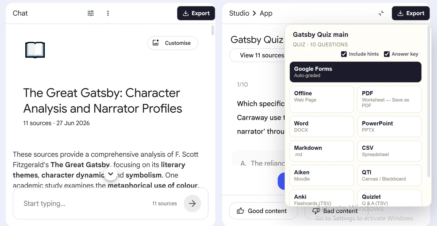 Super NotebookLM Exporter menu for exporting a quiz to Google Forms, PDF, Word, PowerPoint, CSV, QTI, Anki or Quizlet